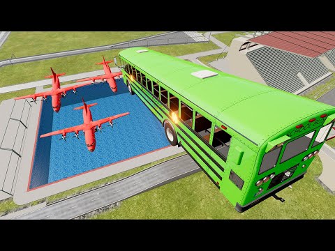 TOP 100 Random Lego School Bus Car Jumps & Car Crashes Into Airplanes BeamNG.Drive