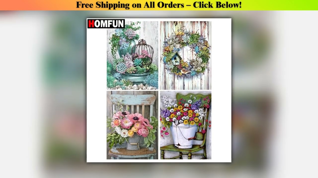 HOMFUN 5d Diamond Painting Full SquareRound Flower chair succulent Picture Of Rhinestone DIY Diamon