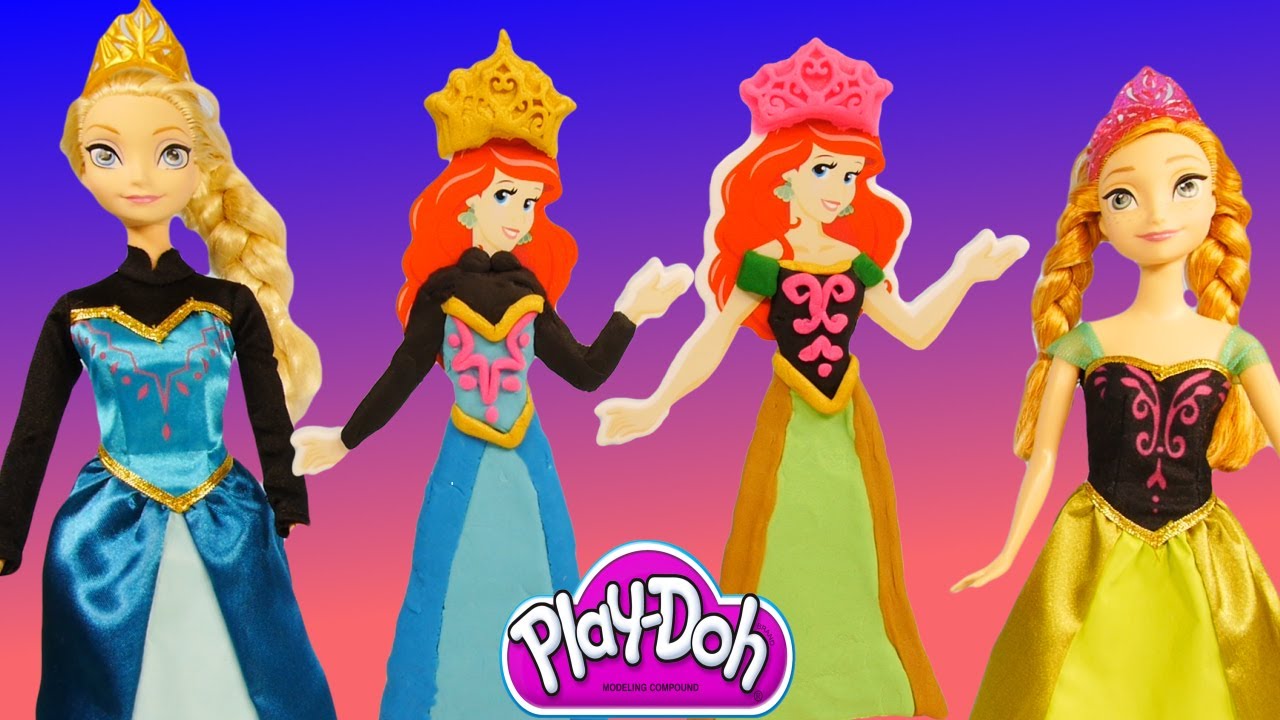 PLAY-DOH Princess Ariel Dresses Up Like Disney FROZEN Elsa and Anna Princess Barbie Dolls PlayDoh