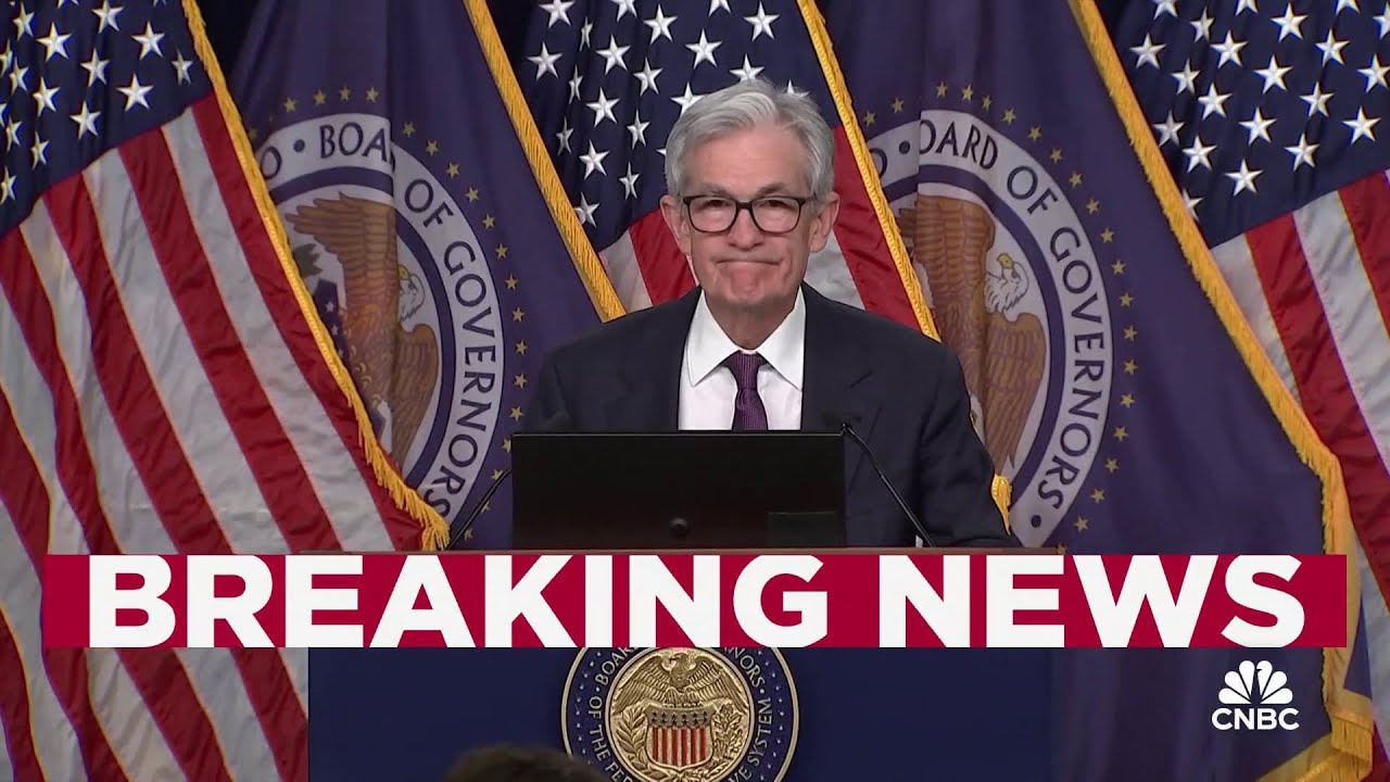 Federal Reserve Chair Powell speaks after Fed cuts interest rates by a ...