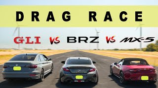 2022 Subaru BRZ vs Mazda MX5 vs VW Jetta GLI, under 40K car challenge. Drag and Roll Race.