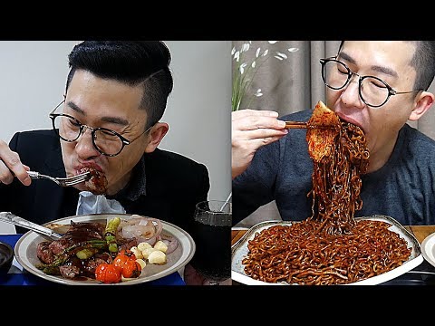 MUKBANG 소고기스테이크(steak)로 시작해서 마무리는 짜파게티(<strong>black</strong> bean noodles) 먹방 <strong>REAL</strong> EATING SHOW