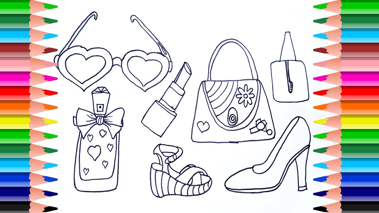 Download How to Draw Set of Female Accessories | Coloring Pages For Girls Shoes, Handbag, Perfume ...