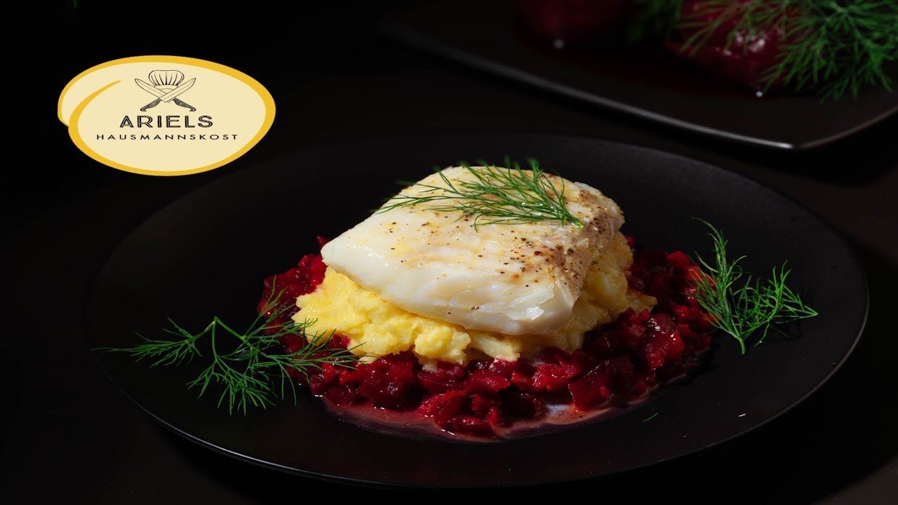 Kabeljau mit Rote Bete, Apfel und Petersilienwurzeln Püree, Hausmannskost,