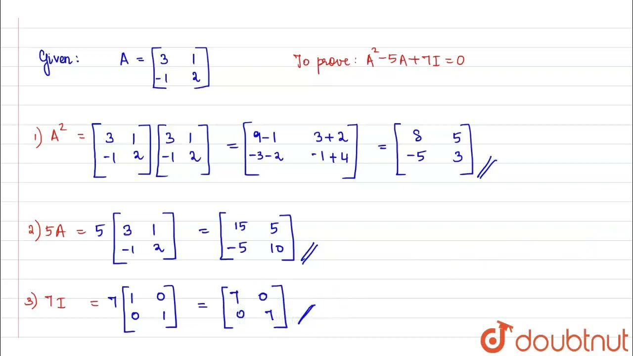 If A =`[[3,1],[-1,2]]`,show that `A^2-5A + 7I=0` Hence, find `A^(-1 ...