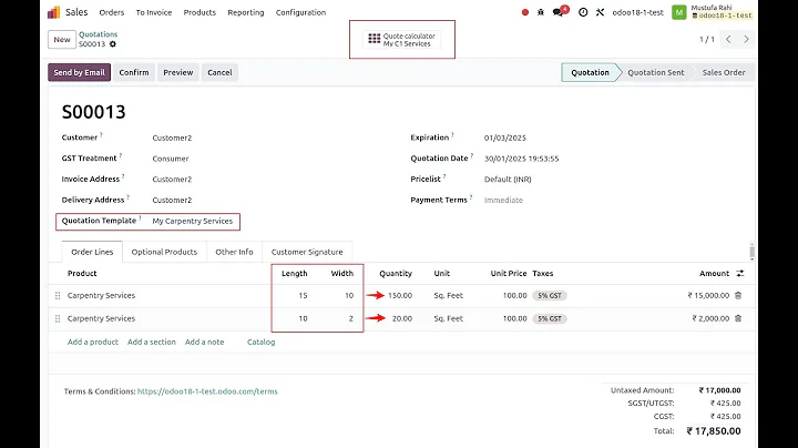 How to use Odoo18 Quote Calculator for your business (length & width dimension) and modify quote PDF