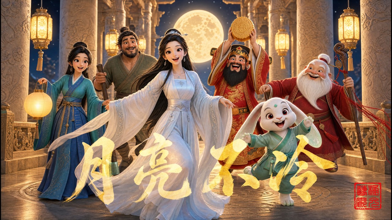 月亮不冷 · 嫦娥请客 — Chang'e in the Palace of Vast Cold on Mid-Autumn night, AI animated film still, Aurora Artscape 极光艺廊
