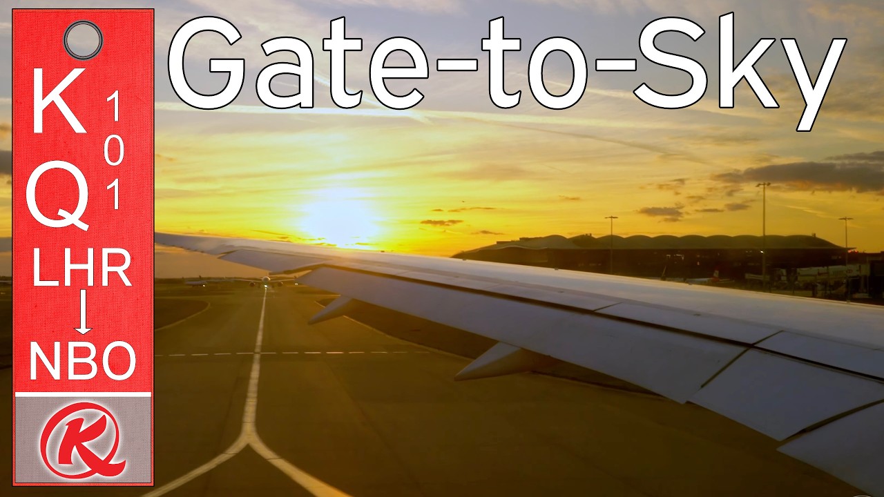 Gate-to-Sky (Kenya Airways KQ101):  Dreamliner sunset departure from Heathrow