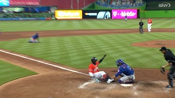 NYM@MIA: Ozuna cut down at home plate, call stands