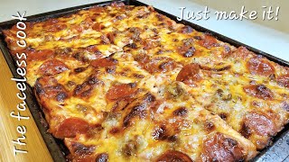 3 cheese sausage and pepperoni sheet pan pizza. Only 17.00 for the whole pie!
