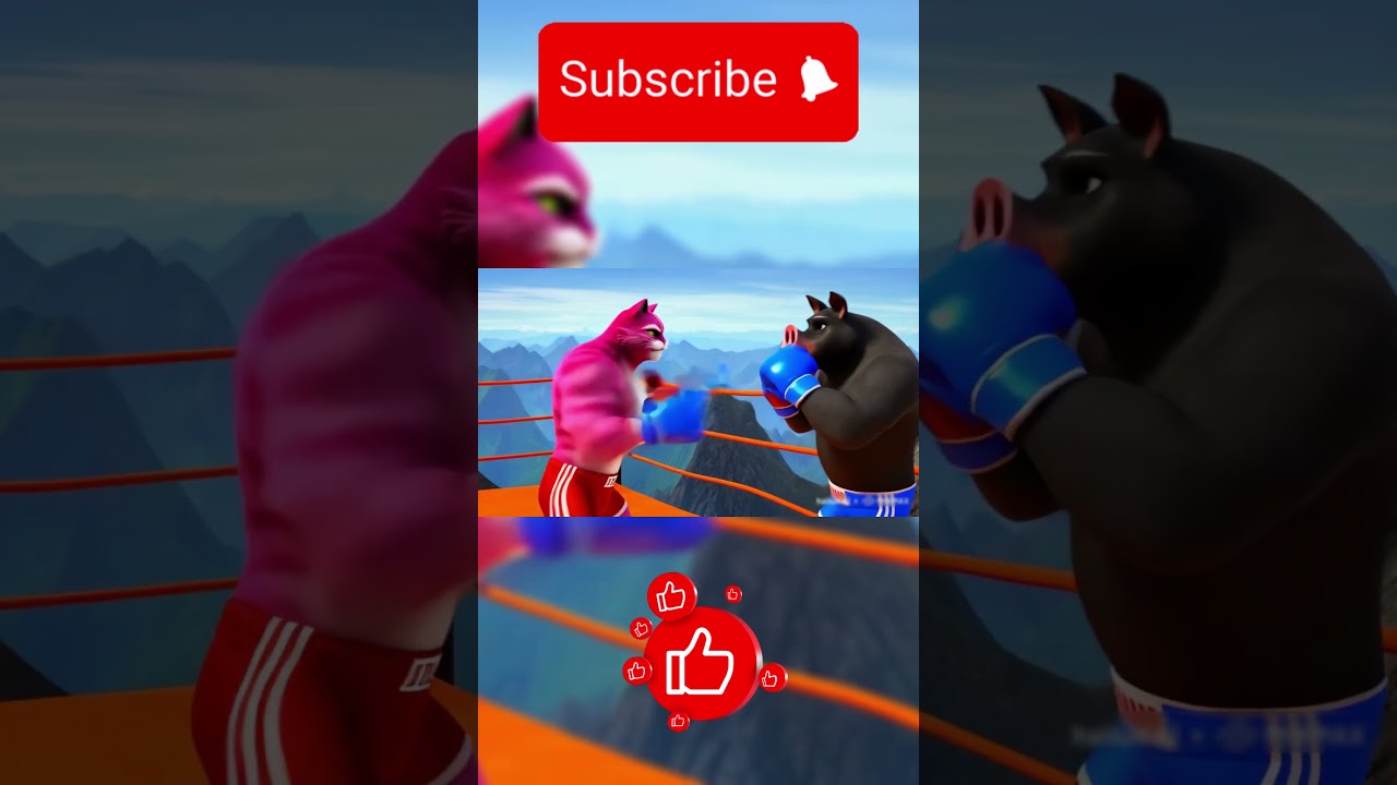 Cat Against Black Pig in the Boxing Ring on the top of mountains.