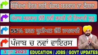 3 June 2023 Updates, 831 Posts Recruitment Punjab, 55% Policy Master Cadre, 4 June Union Strike Sang