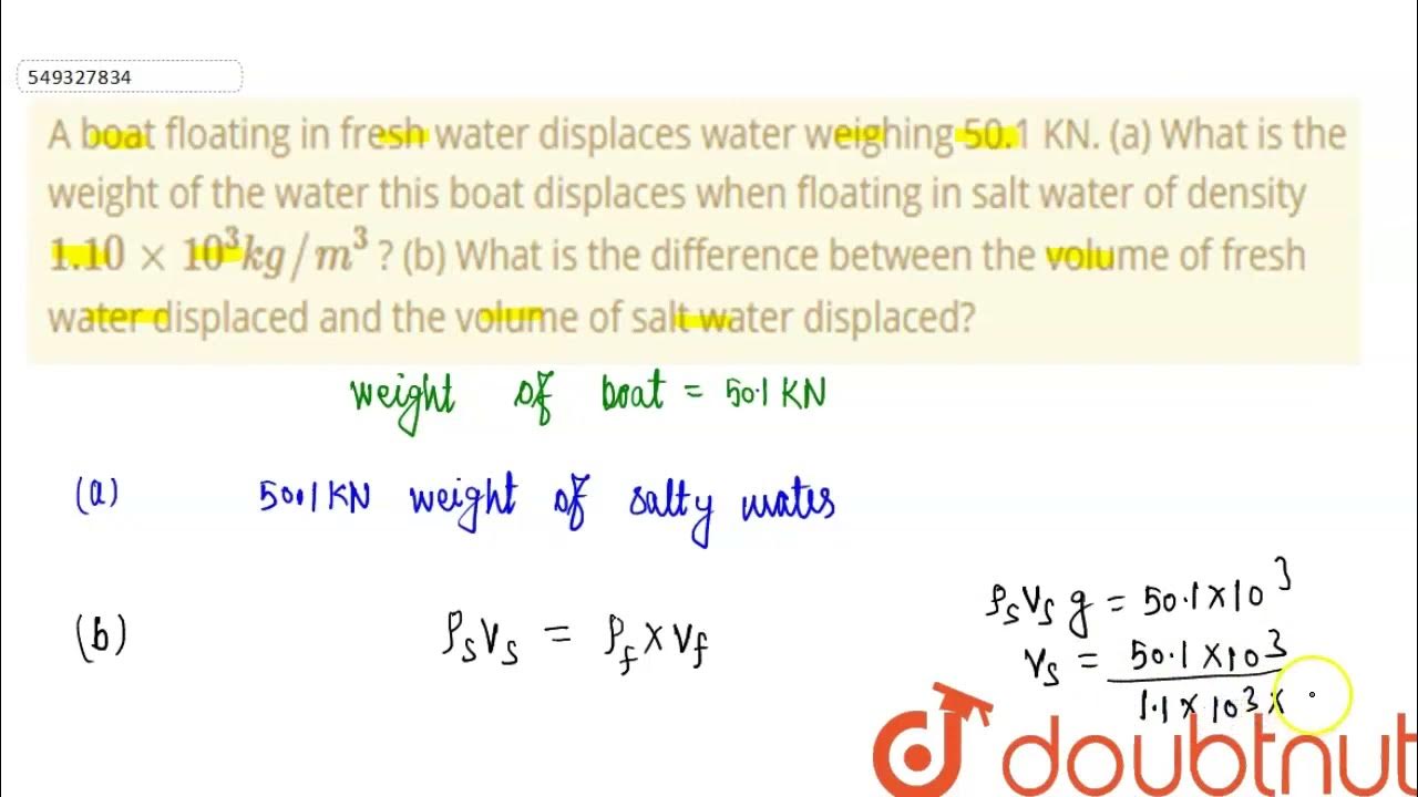 A boat floating in fresh water displaces water weighing 50.1 KN. (a