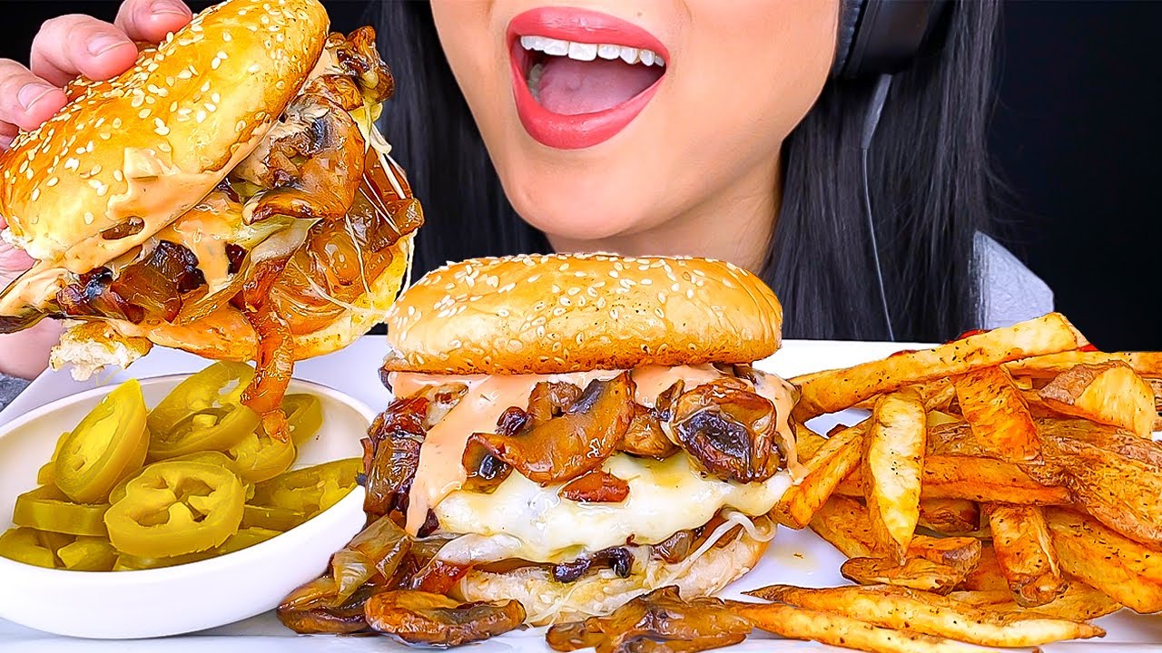 ASMR GIANT SWISS MUSHROOM FAIR CHEESEBURGER MUKBANG EATING SOUNDS (Eating Show) ASMR Phan