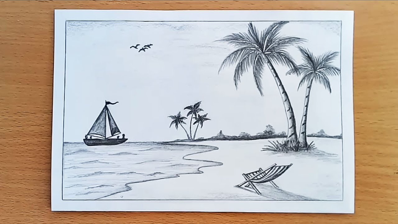 Beach scene drawing I did in pencil  Sand drawing Beach drawing Scene  drawing