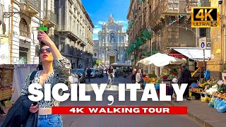 🇮🇹 Пешеходная экскурсия по Сицилии, Италии – исторический рынок и площадь Катании | 4K HDR / 60fps