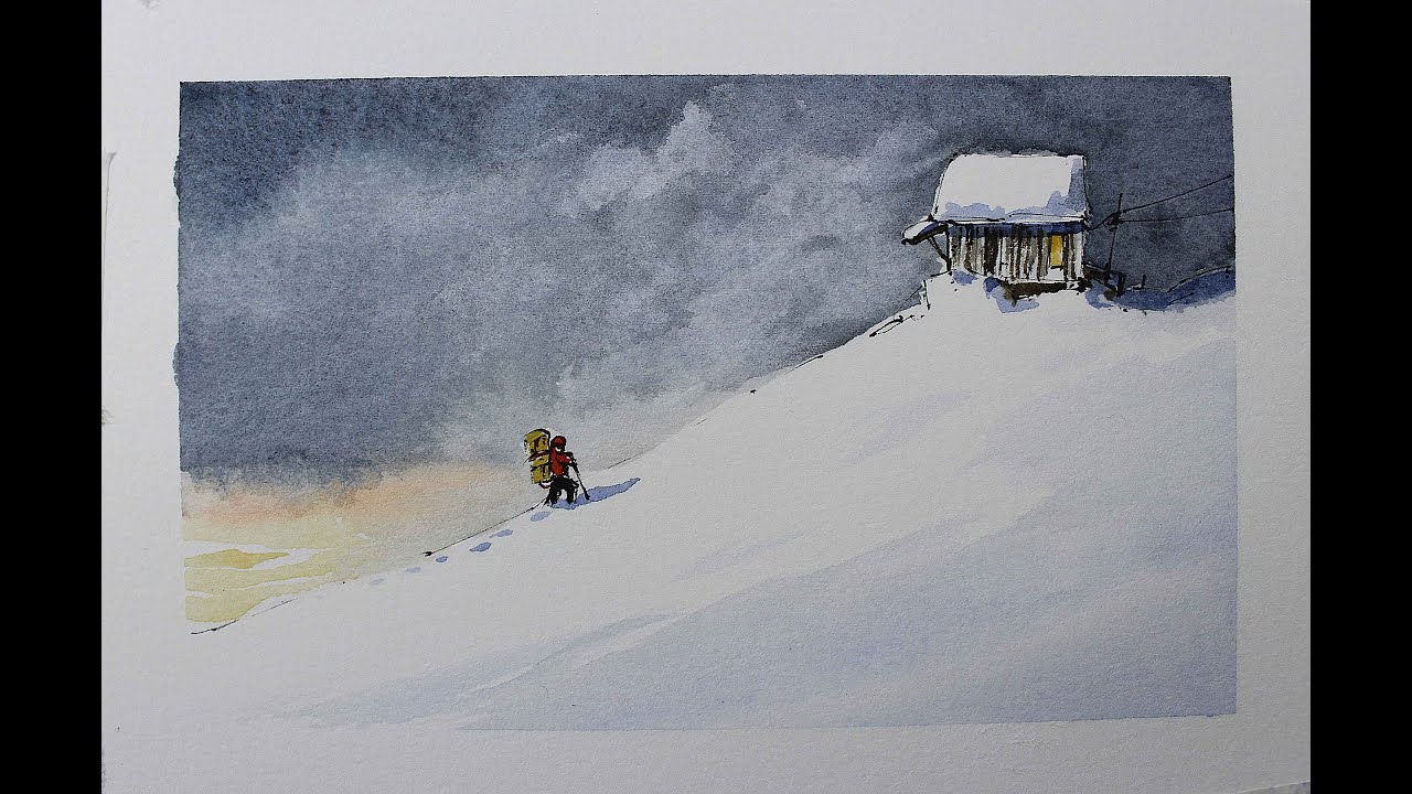 Winter scene in Line and wash watercolor in Full Real Time Crooked ...
