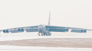 B-52 Bomber Takes Off During Wintry Condition At Minot Air Force Base