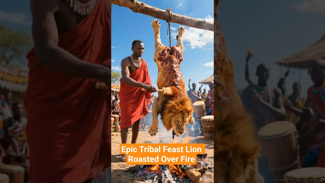 Epic Tribal Feast Lion Roasted Over Fire 