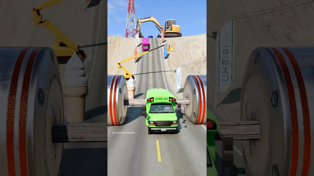 School bus and truck driver giant bollards crash 