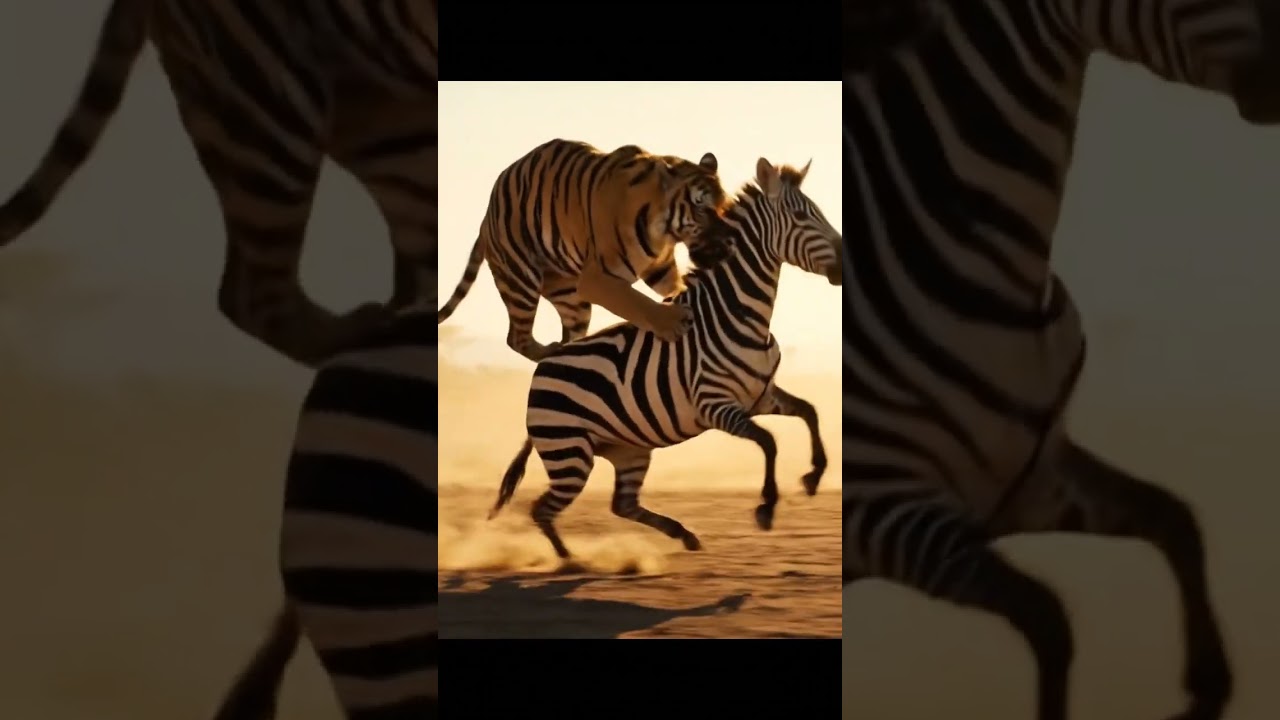 the tiger hopes to bite the zebra while it is running.
