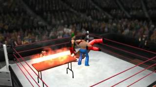 WWE '12 Pumphandle Fallaway Slam trough Burning Table