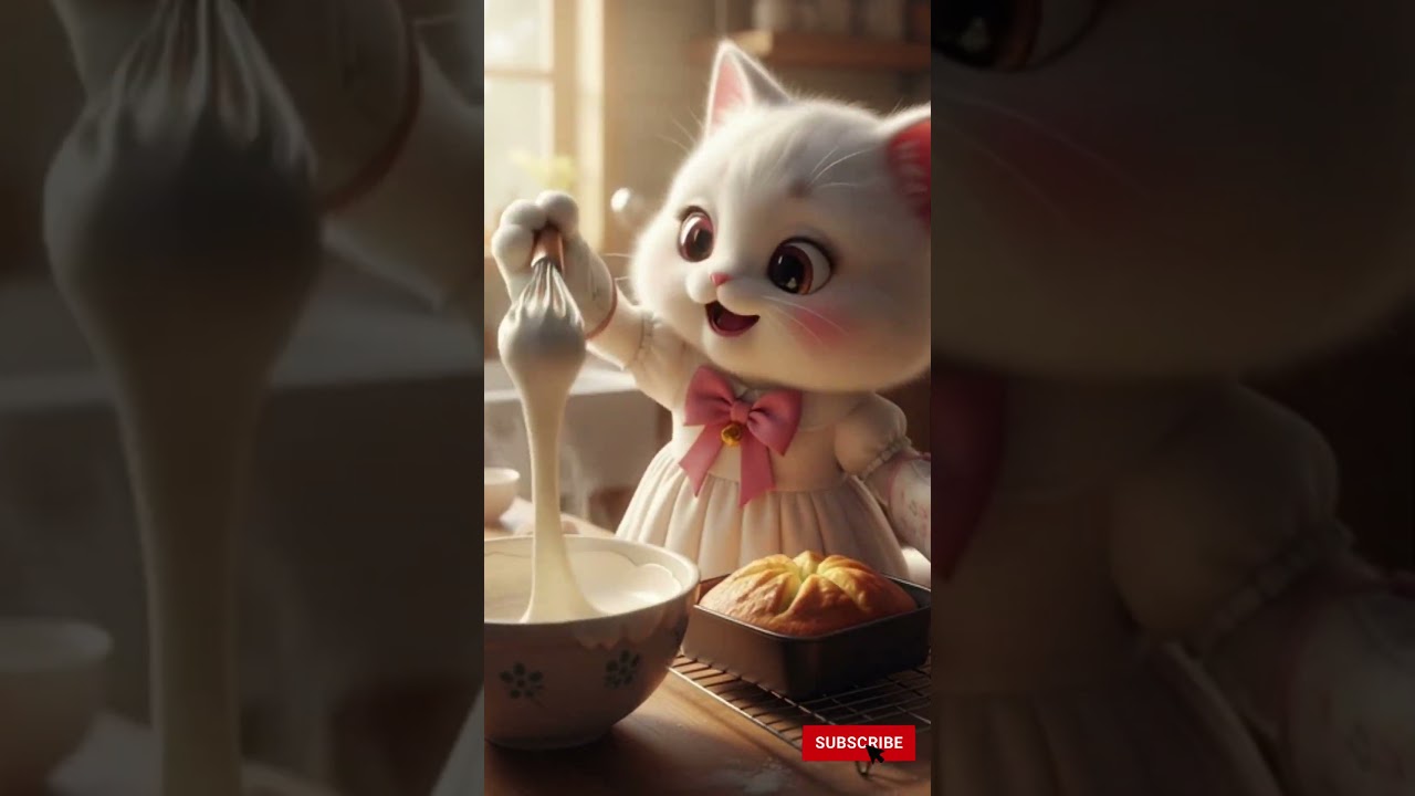 Cute Cat makes a surprise birthday cake. 