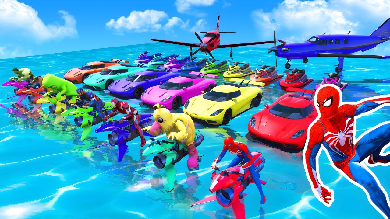 GTA V Plus Spider man super stunt car racing challenge Homem aranha de Helicóptero