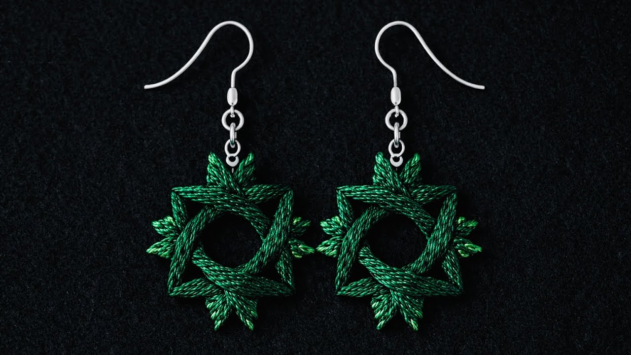 Hand Embroidered Star Earrings | Dark Green on Black Felt