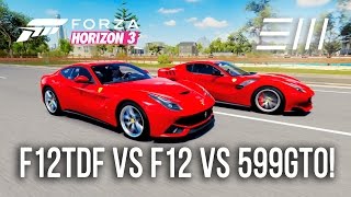 Forza horizon 3 ferrari f12tdf vs f12 berlinetta 599 gto hot lap
battle! find out which is the fastest around our test track? - fo...