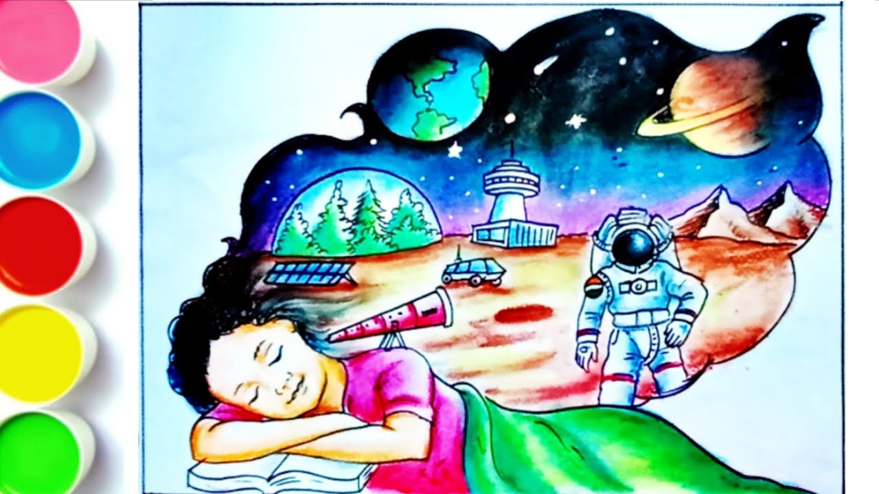 Illustration d'un dessin d'enfant représentant l'espace et le développement durable avec une fusée et la planète Terre
