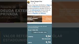 Bolivia hoy lunes 26/04/26,  un 40% de devaluacion frente al tipo de cambio fijo