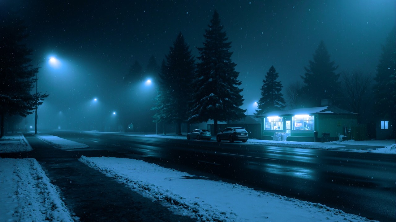 snowfall on an empty midnight street.