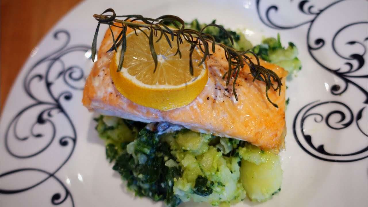 Baked Salmon & Pesto Veg, Salmon recipeปลาแซลมอนอบกับมันฝรั่งcook with