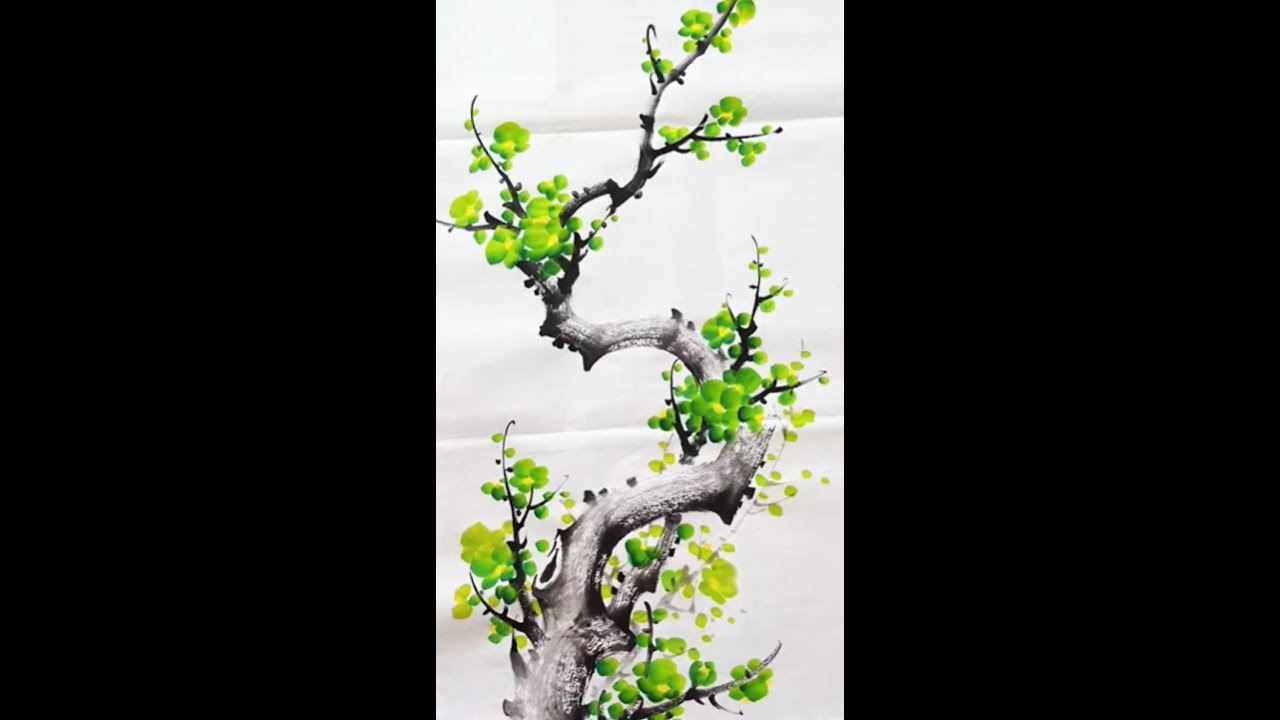 Green Plum Blossom Chinese Ink Painting Oriental Brush Art with Elegant ...