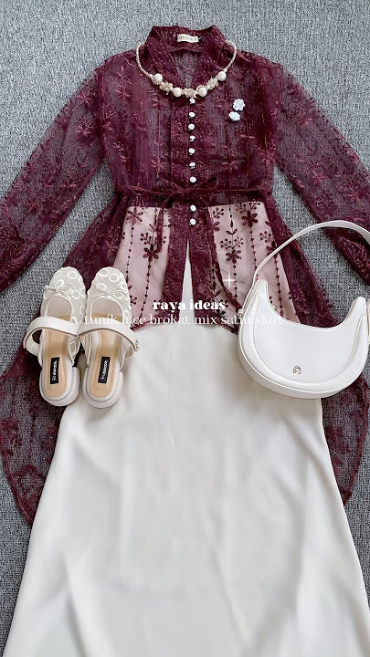 ide outfit lebaran outer lace brokat burgundy mix satin skirt varian latte #outfitideas #ootdhijab