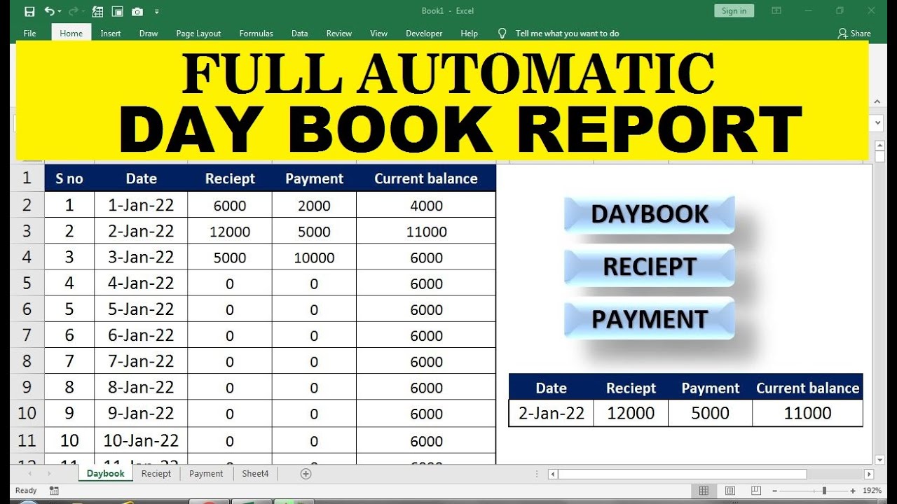 how to create day book report in excel