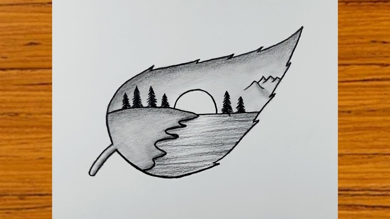 رسم سهل||رسم منظر طبيعي داخل ورقة شجرة||تعلم رسم منظر طبيعي خطوة بخطوة