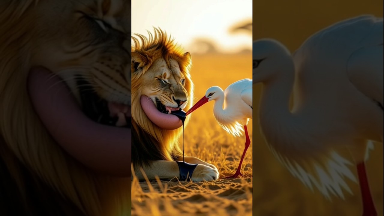 The White Stork Is Trying To Remove The Infaction Of Lion 🦁 
