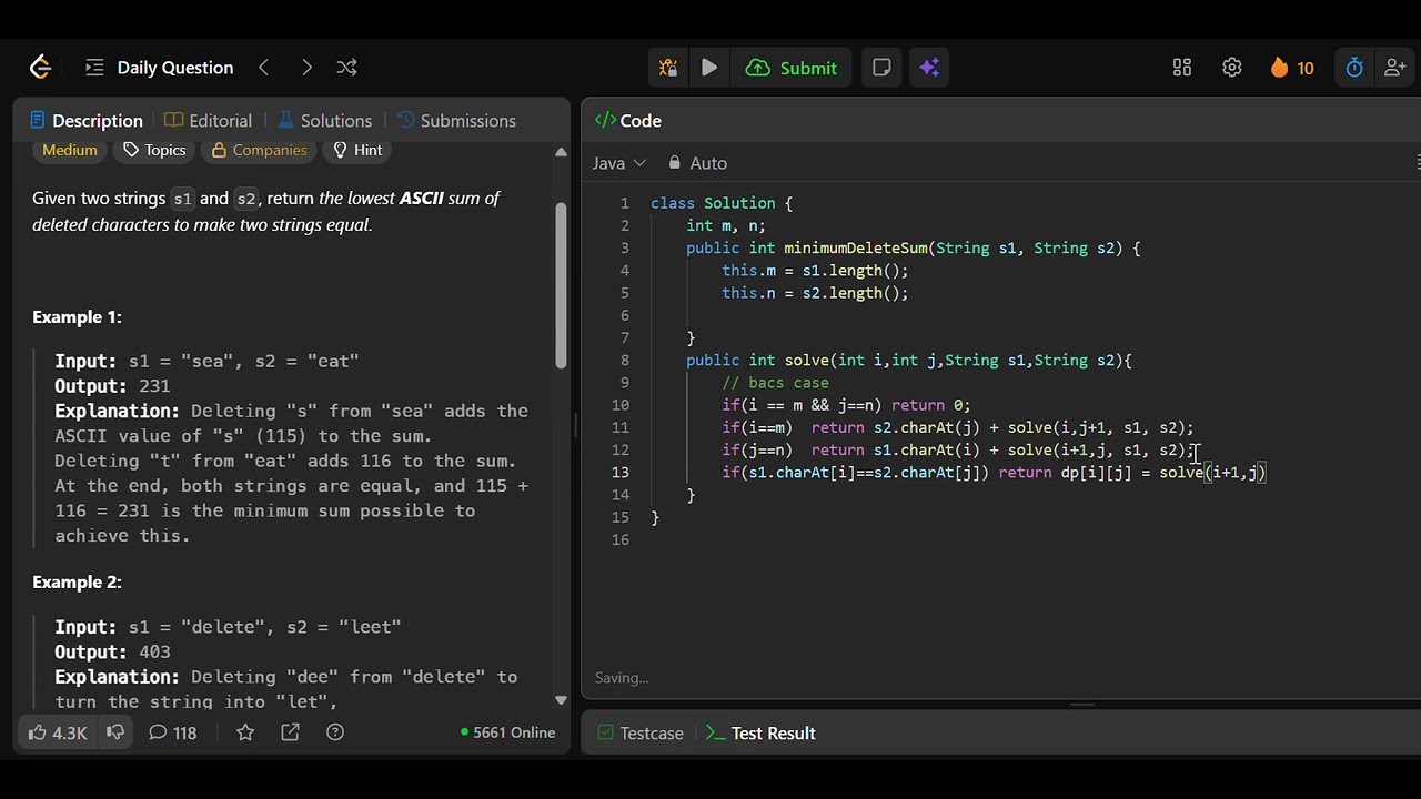 Daily LeetCode 10 Jan 2026 | 712. Minimum ASCII Delete Sum for Two Strings | Medium