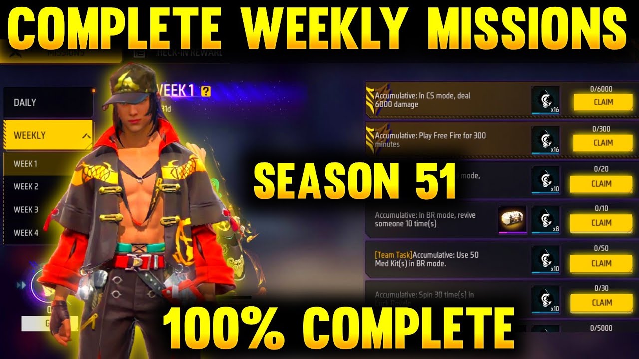 HOW TO COMPLETE ALL ELITE PASS MISSIONS AND WEEKLY MISSIONS OF SEASON 51 ELITE PASS IN FREE FIRE