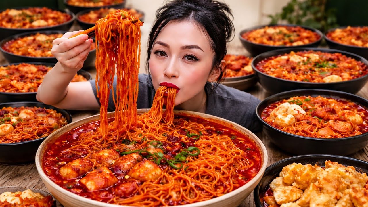 EXTREME Red Spicy Noodles 🔥 Huge Mukbang ASMR Eating Show 