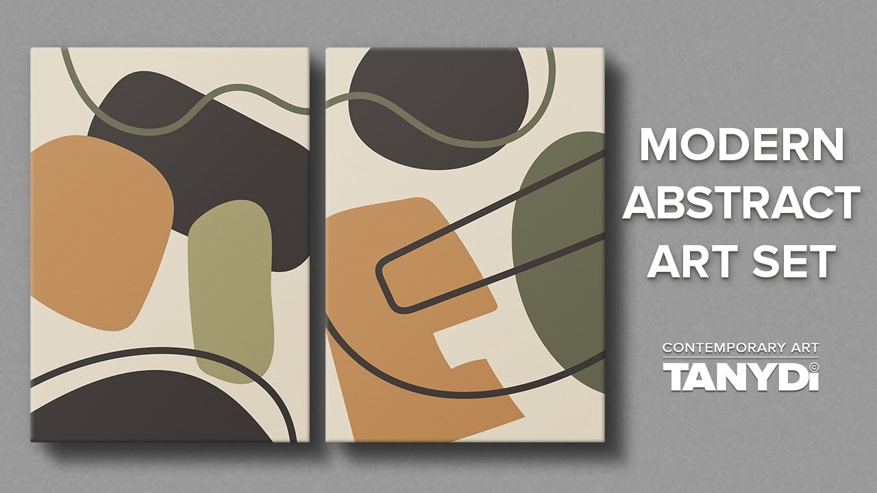 2 Abstract Digital Prints, Muted green, Burnt orange, Mustard, Contemporary Minimal Set s2a2-5