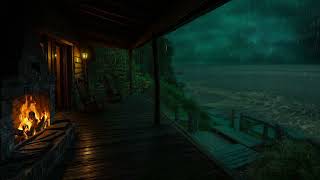 Rainy Night by the Seaside Cabin ~ Stormy Coastal Bedroom Rain, Thunder and Waves for Sleep