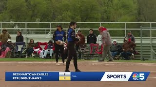 Peru high school softball downs rivals Beekmantown, Salmon River scores 21 in win over Plattsburg... screenshot 1