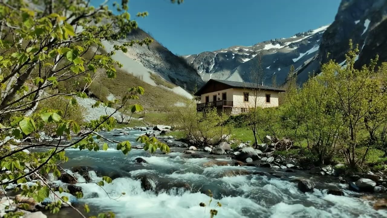 Cozy Cabin in Snowy Peaks Valley 🌿 Gentle River Flow ASMR Deep Sleep Nature Escape