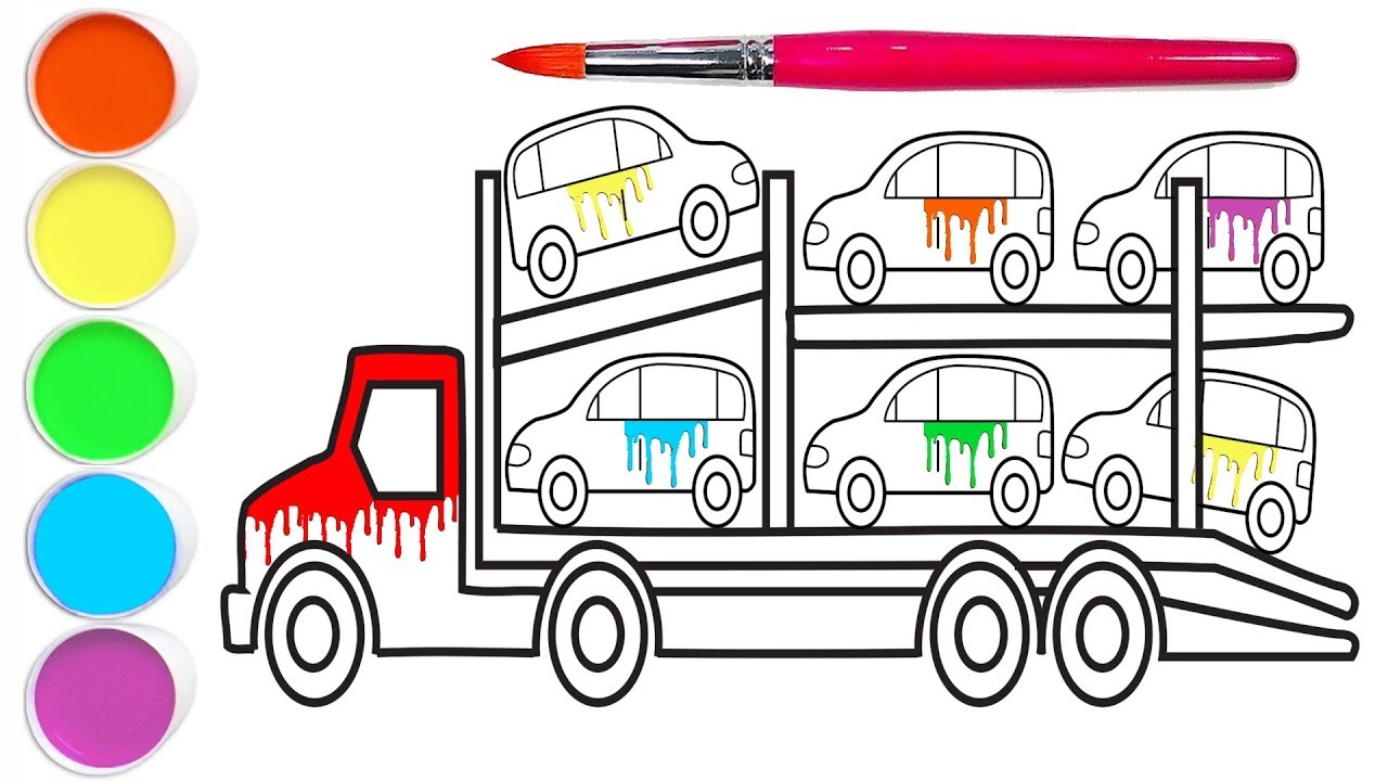 Car Carrier Truck Drawing and Coloring for Kids, Toddlers Shipping Cars ...