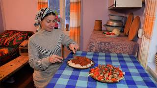 A WOMAN LIVES HIGH IN THE MOUNTAINS: Cooking homemade pasta with meatballs