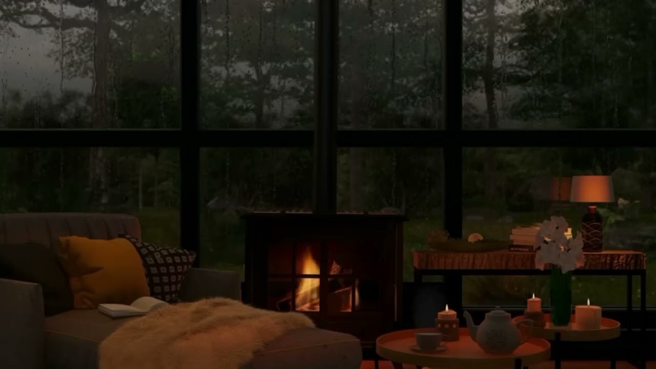 خلفية شاشة هادئة في يوم ممطر داخل كوخ خشبي