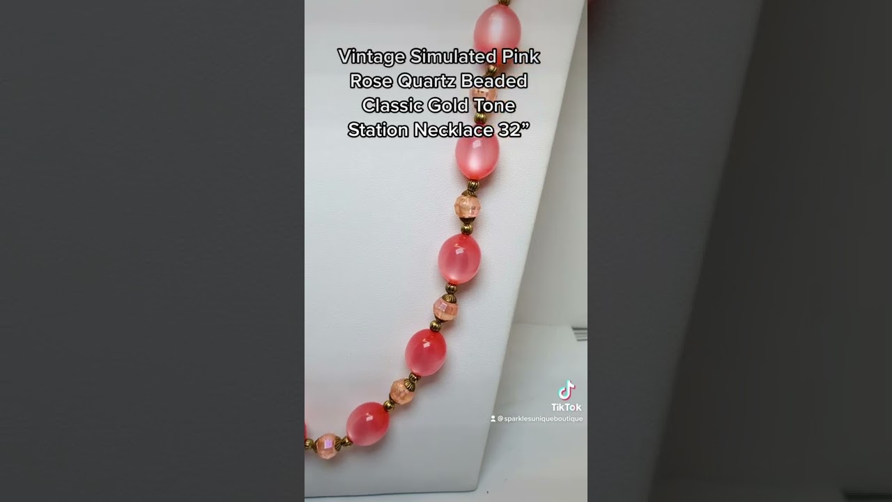 Vintage Simulated Pink Rose Quartz Beaded Classic Gold Tone Station Necklace 32”